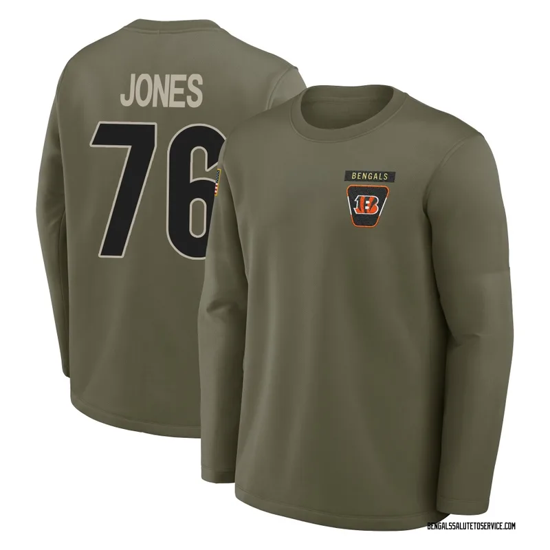 Men's Christian Jones Cincinnati Bengals Olive 2025 Salute to Service Sideline Coaches Long Sleeve T-Shirt
