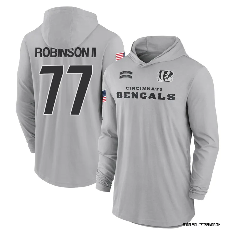 Men's Corey Robinson II Cincinnati Bengals Gray 2024 Salute to Service Lightweight Performance Long Sleeve Hooded T-Shirt