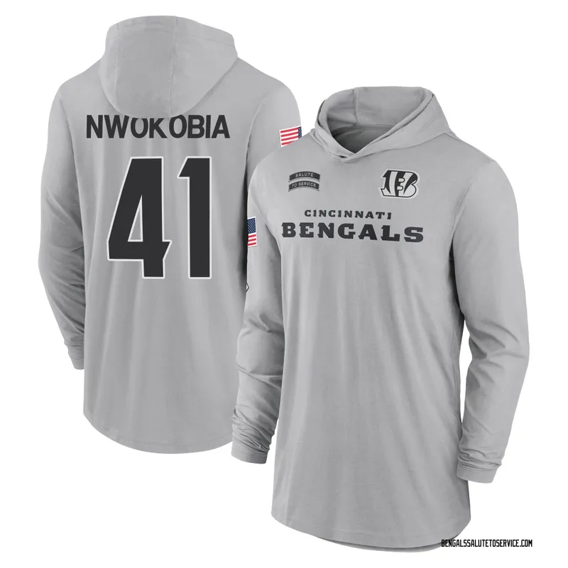 Men's Isaiah Nwokobia Cincinnati Bengals Gray 2024 Salute to Service Lightweight Performance Long Sleeve Hooded T-Shirt