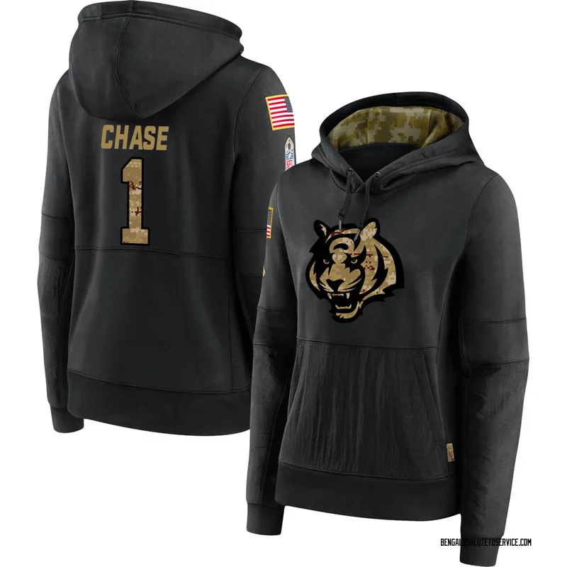 Women's Ja'Marr Chase Cincinnati Bengals Black 2020 Salute to Service Sideline Performance Pullover Hoodie