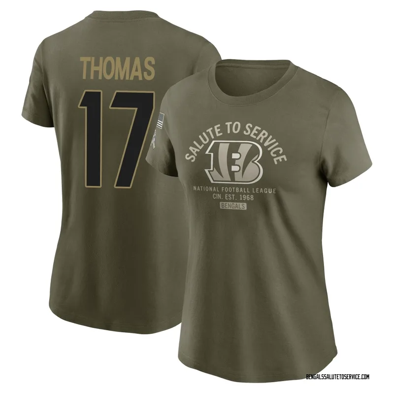 Women's Noah Thomas Cincinnati Bengals Olive 2025 Salute to Service Sideline T-Shirt