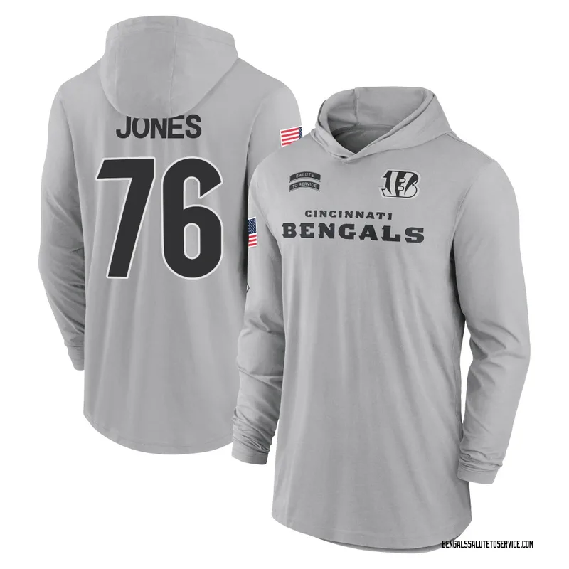 Youth Christian Jones Cincinnati Bengals Gray 2024 Salute to Service Lightweight Performance Long Sleeve Hooded T-Shirt