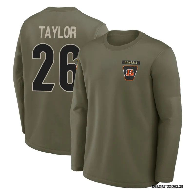 Youth Ja'Sir Taylor Cincinnati Bengals Olive 2025 Salute to Service Sideline Coaches Long Sleeve T-Shirt