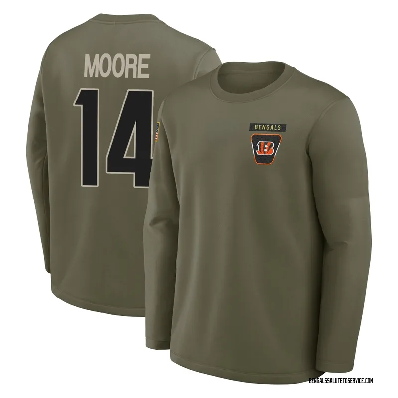 Youth Jordan Moore Cincinnati Bengals Olive 2025 Salute to Service Sideline Coaches Long Sleeve T-Shirt