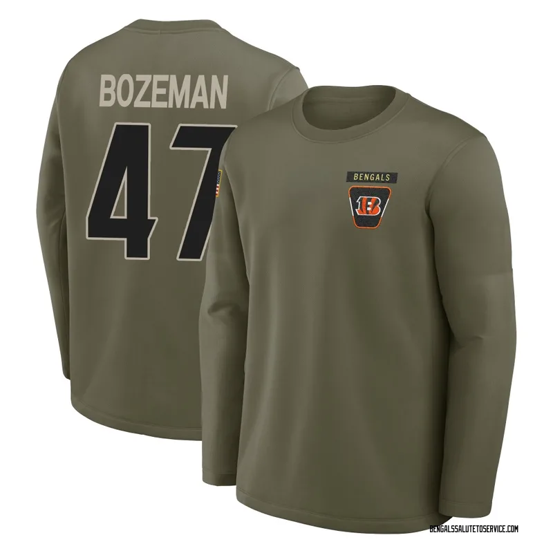 Youth Swayze Bozeman Cincinnati Bengals Olive 2025 Salute to Service Sideline Coaches Long Sleeve T-Shirt